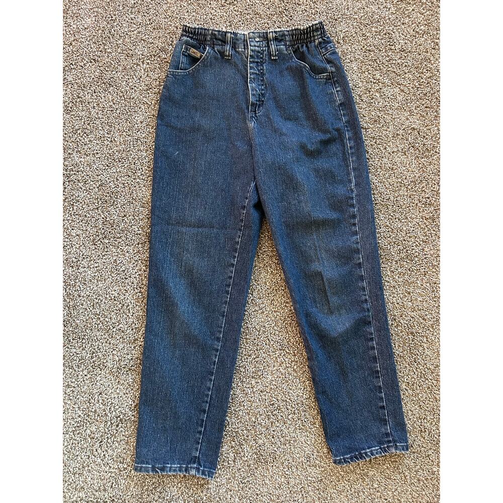 Vintage Lee High Rise Side Elastic Relaxed baggy Tapered Mom Jeans dark wash